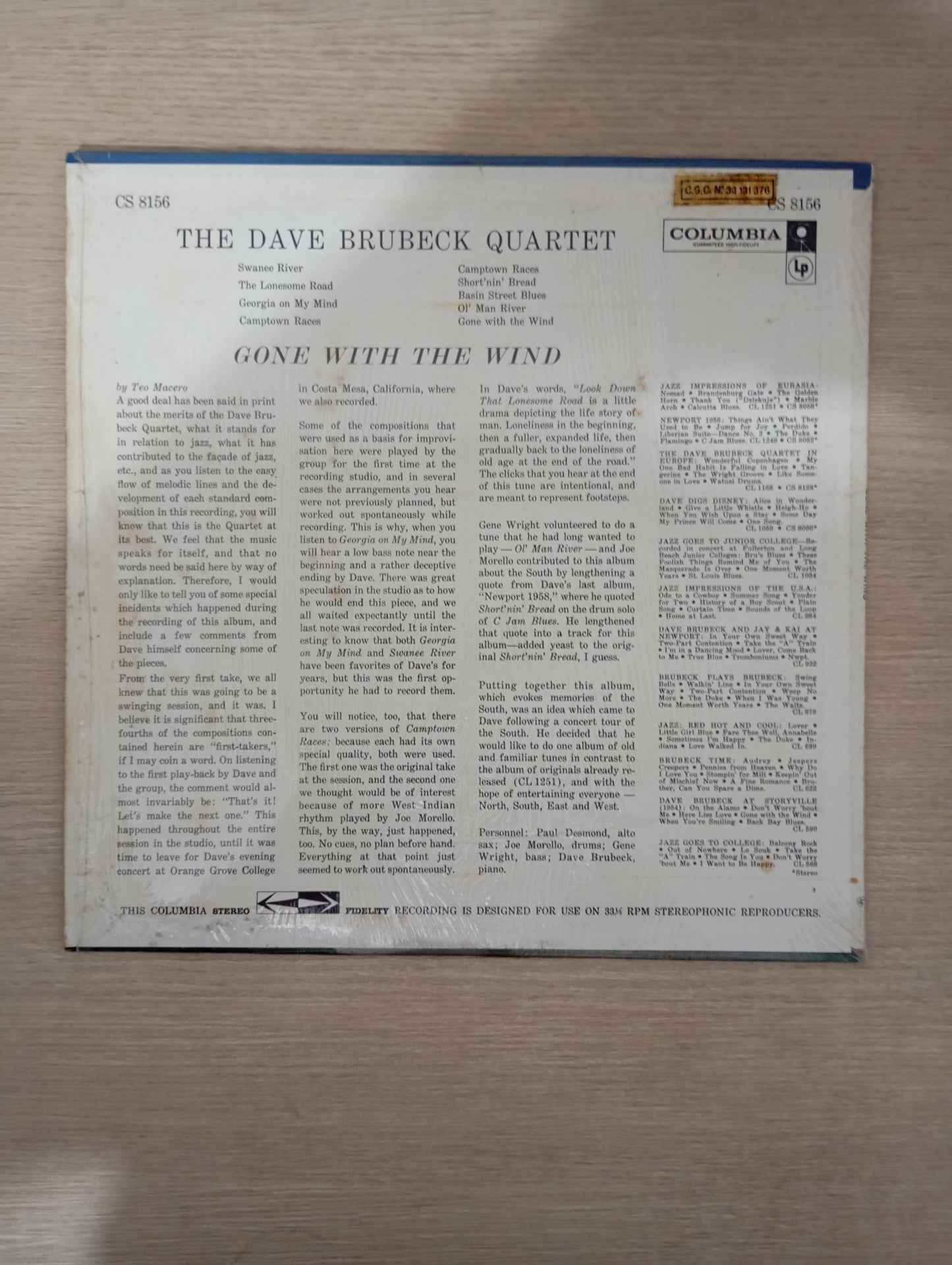 Lp Vinil Dave Brubeck Quartet Gone With The Wind Importado