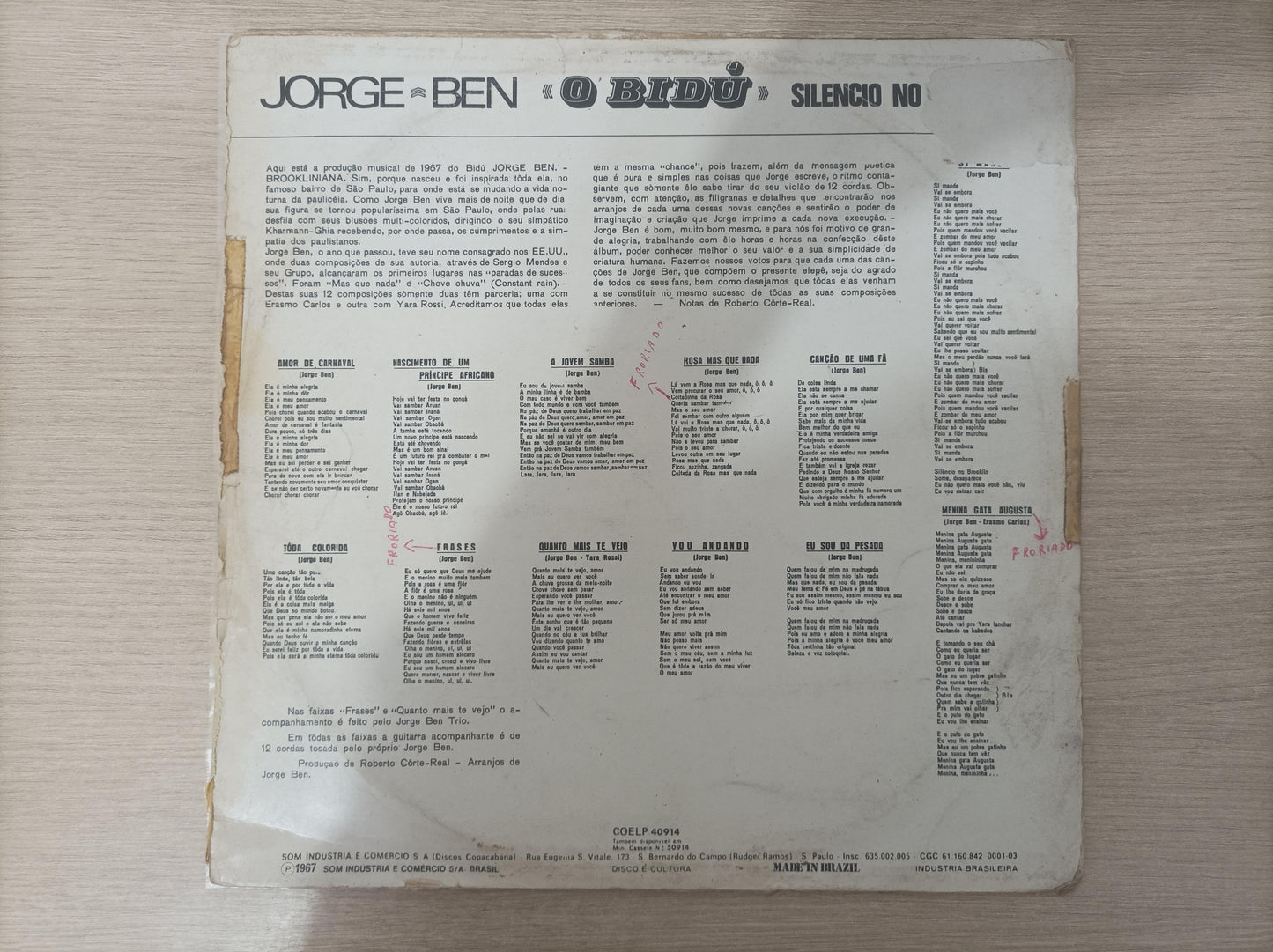 Lp Vinil Jorge Ben O Bidú: Silêncio No Brooklin