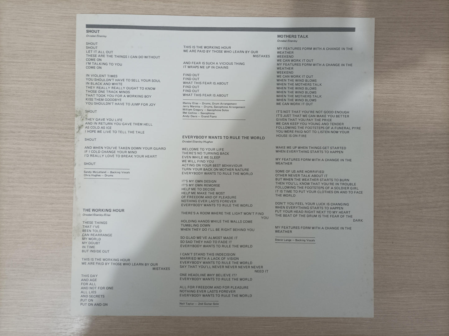 Lp Vinil Tears For Fears Songs From The Big Chair C/ Encarte