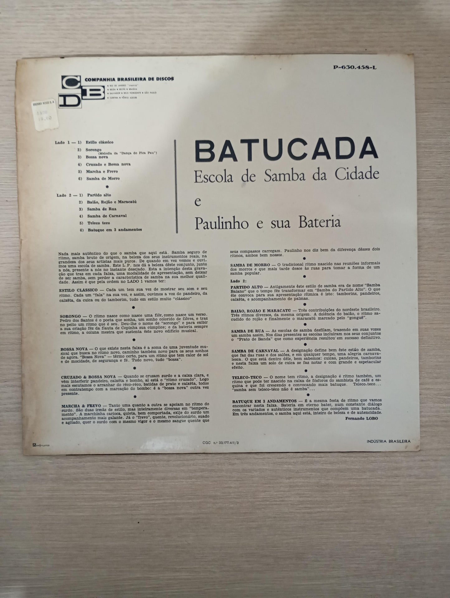 Lp Vinil Escola de Samba & Paulinho Batucada