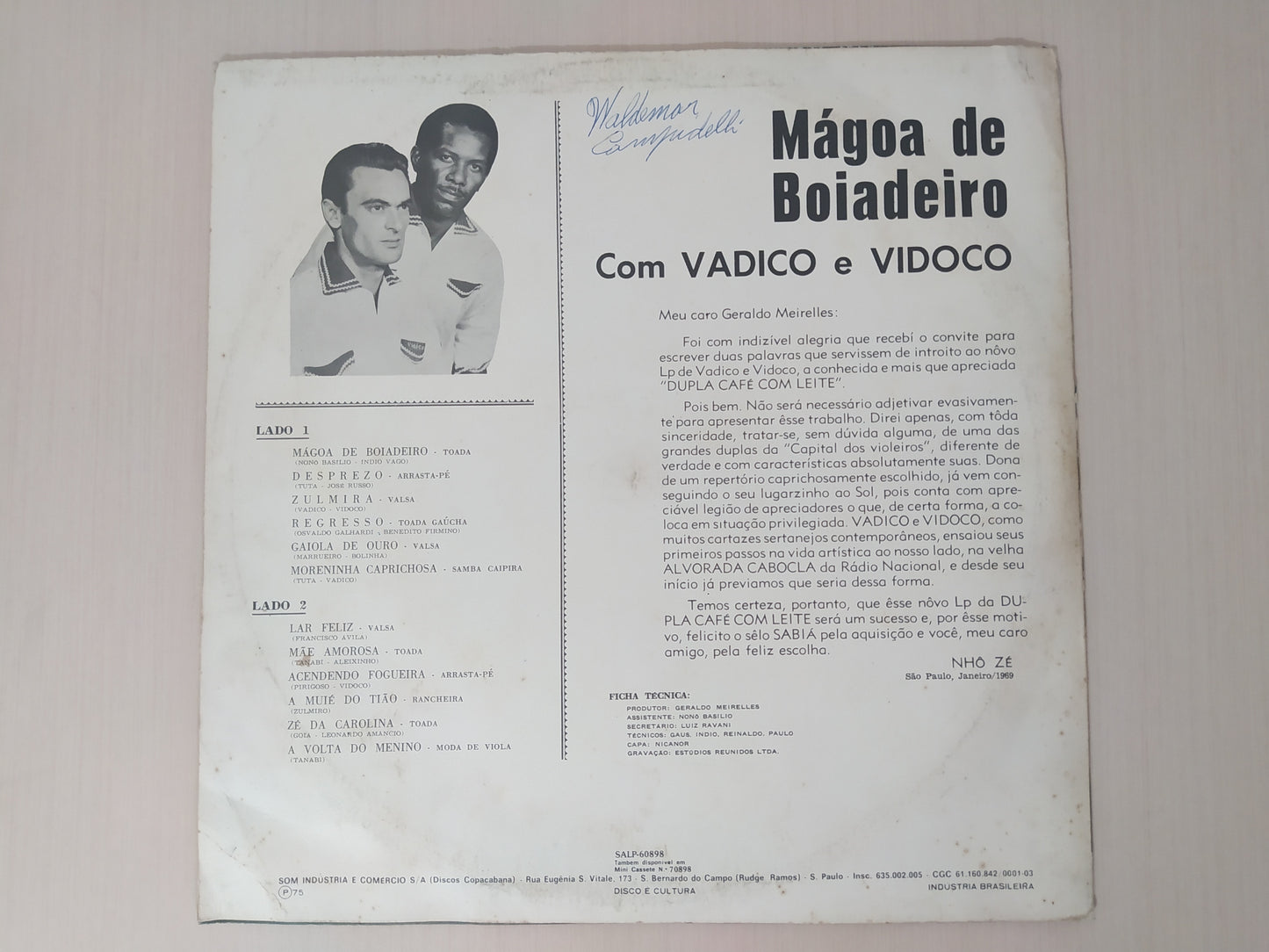 Lp Vinil Vadico E Vidoco Mágoa De Boiadeiro