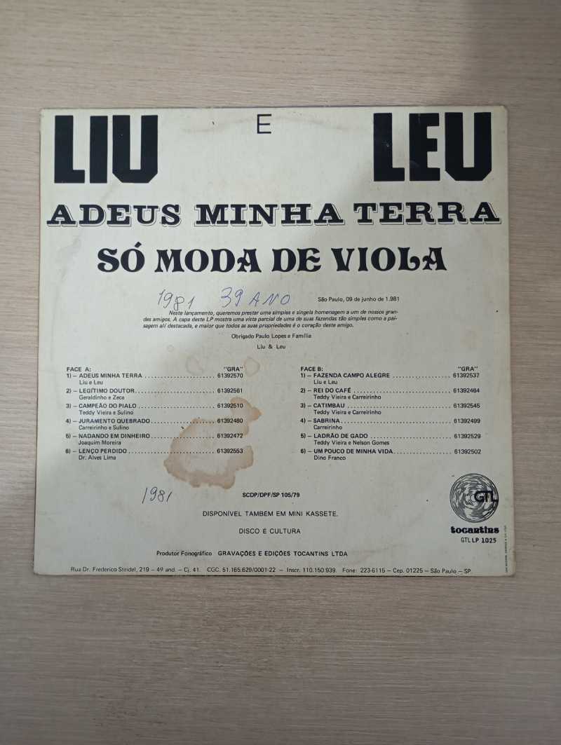 Lp Vinil Liu e Léu Adeus Minha Terra Só Moda de Viola
