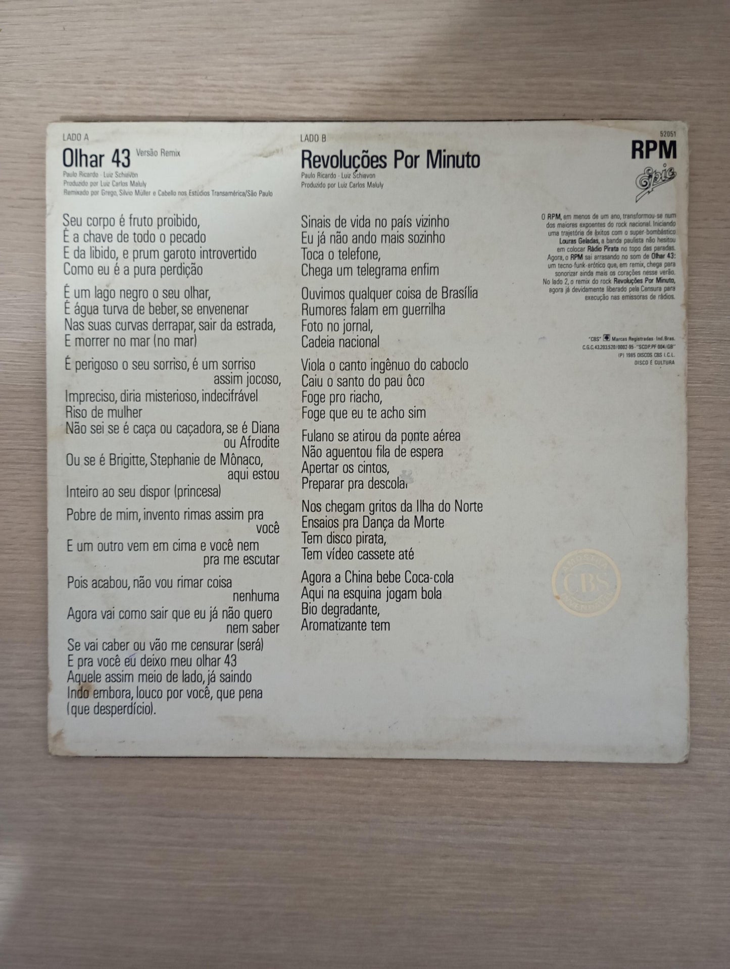 Lp Vinil RPM Olhar 43 / Revoluções por Minuto Single