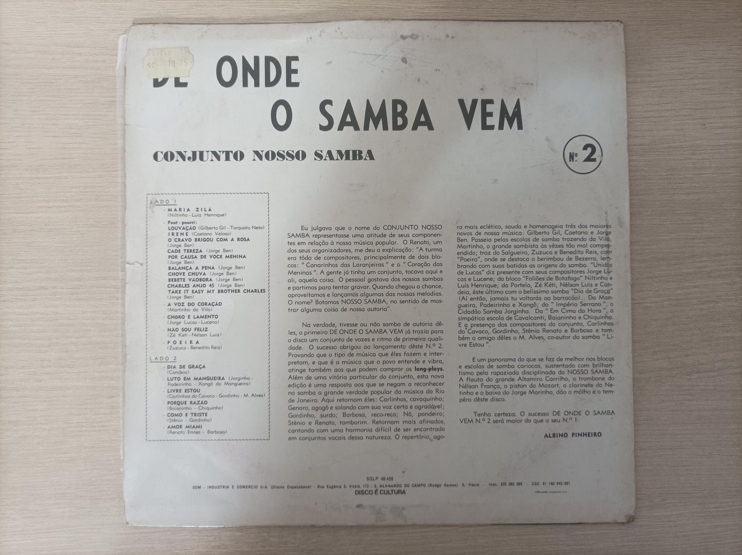 Lp Vinil Conjunto Nosso Samba De Onde O Samba Vem Nº 2