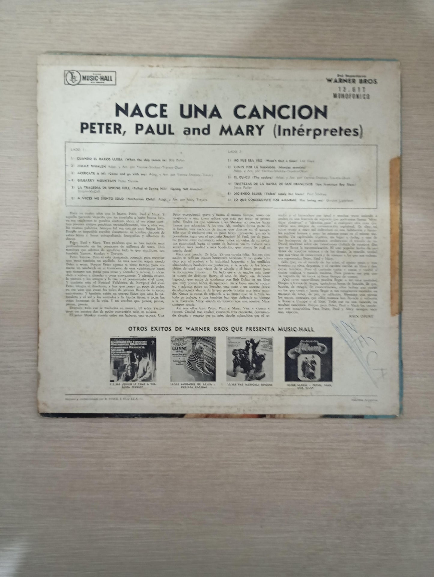 Lp Vinil Peter, Paul and Mary Nace Una Canción Imp Argentina