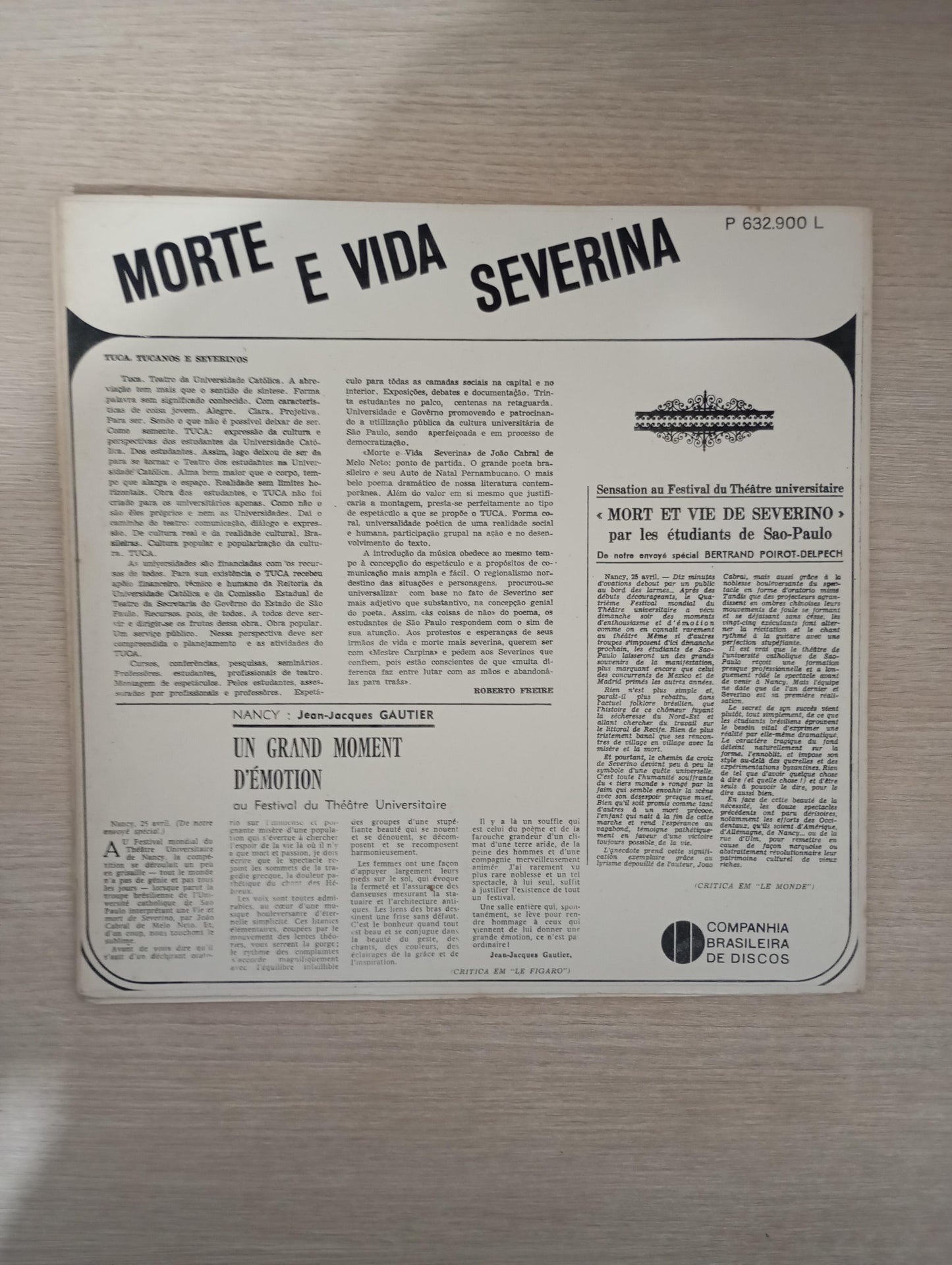 Lp Vinil Chico Buarque Elenco do Tuca Morte E Vida Severina