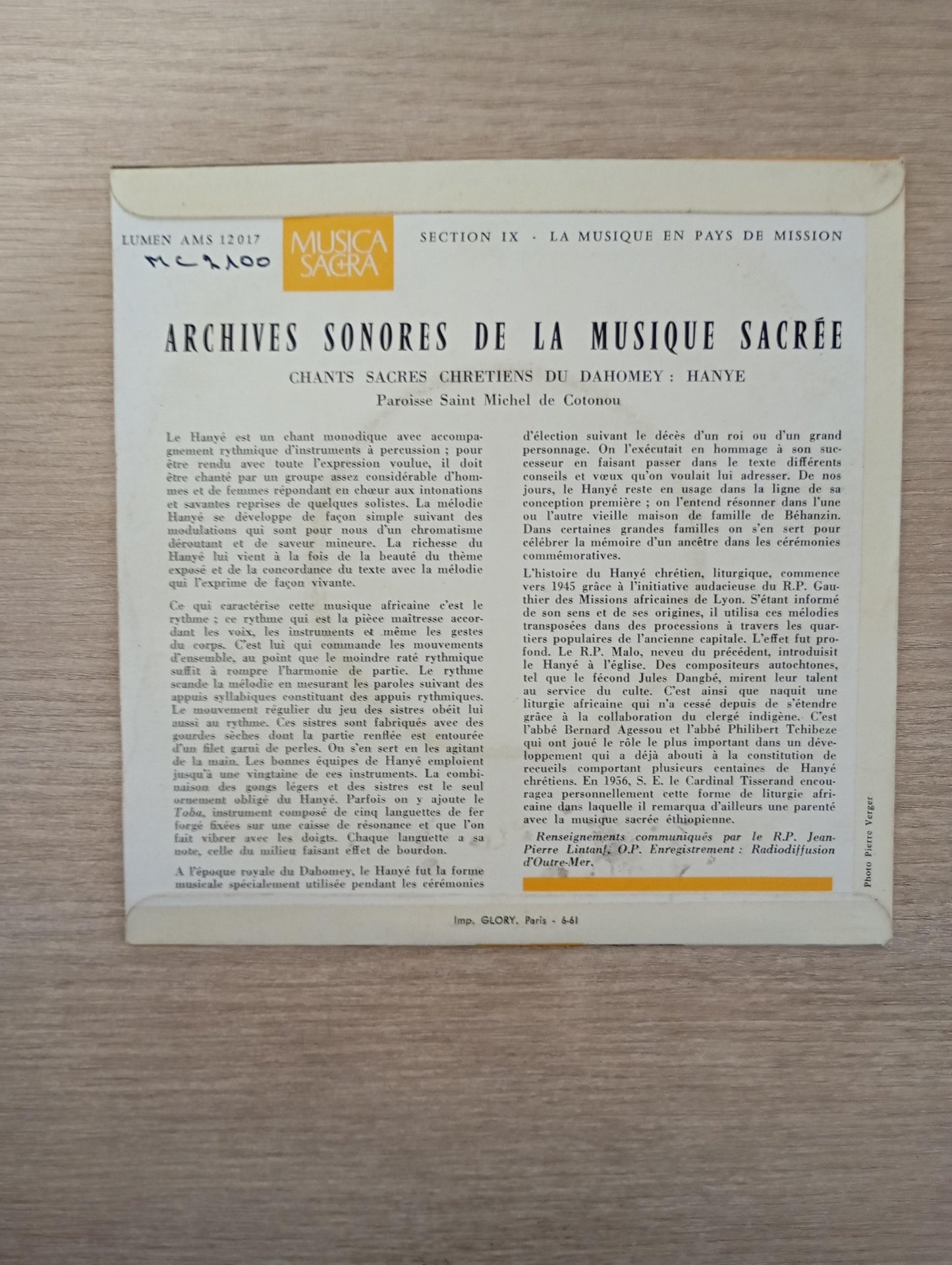 Compacto Vinil Chants Sacrés Du Dahomey: Hanye Imp France