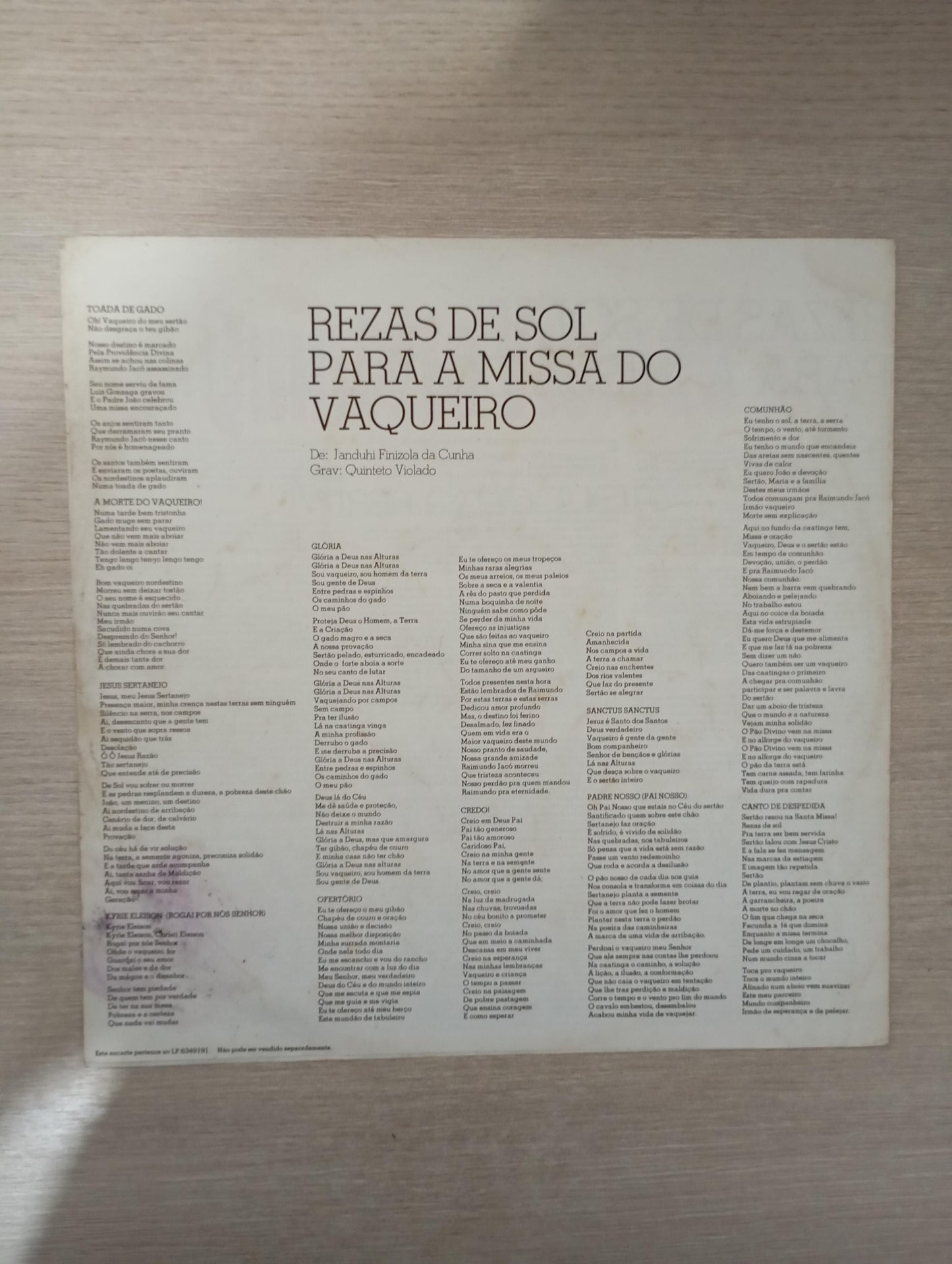 Lp Vinil Quinteto Violado Missa Do Vaqueiro Com Encarte