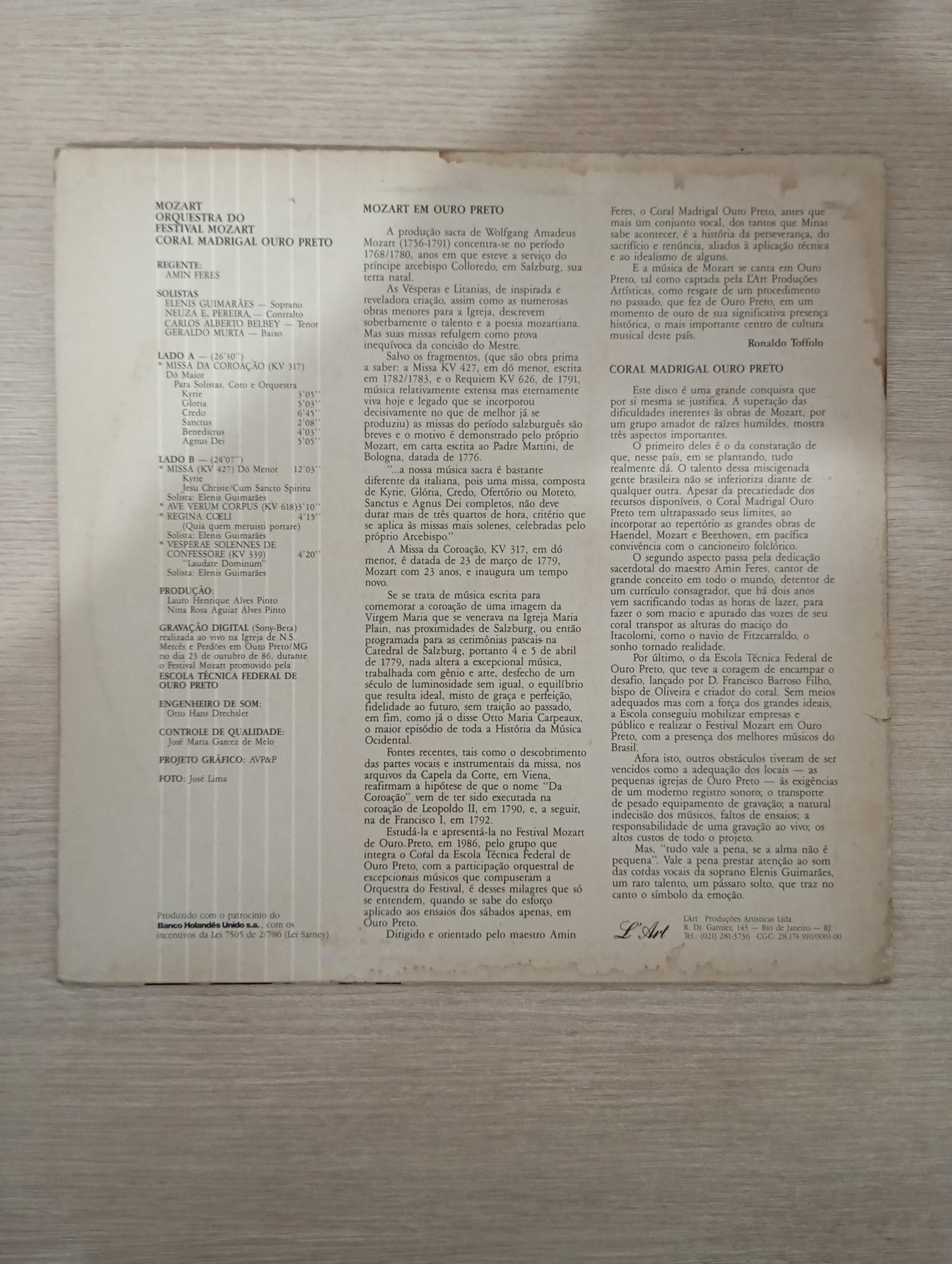 Lp Vinil Coral Madrigal Ouro Preto Mozart