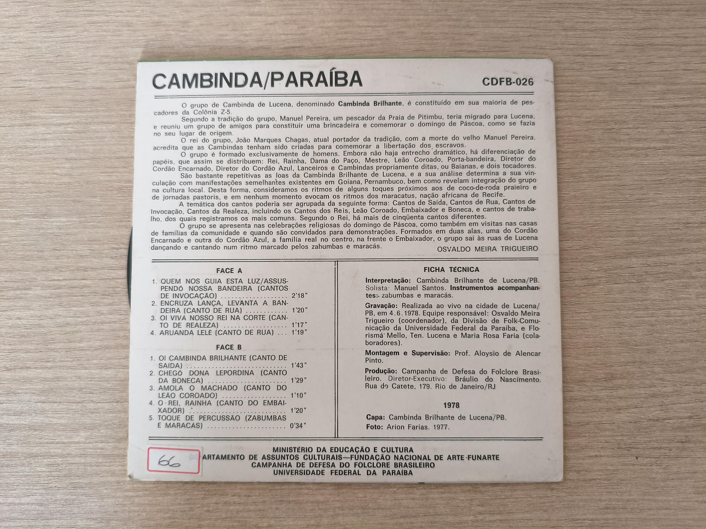 Compacto Vinil Folclore Brasileiro 26 Cambinda / Paraíba