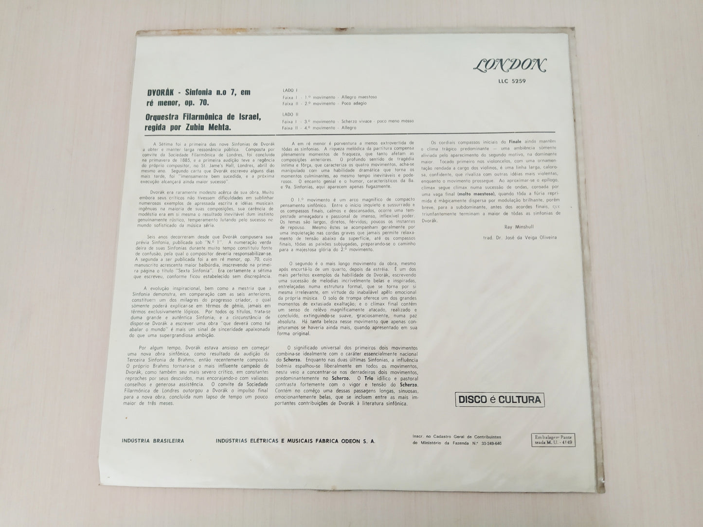 Lp Vinil Israel Philharmonic Tour 1968 Dvorak Symphony Vol 7