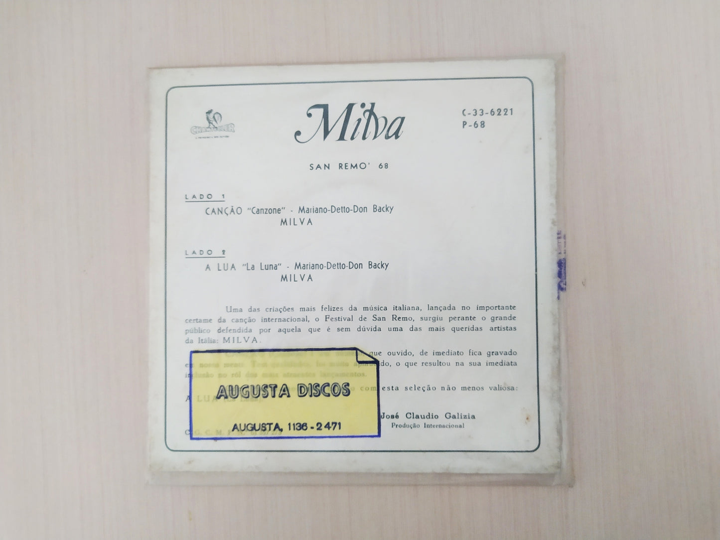 Lp Vinil Compacto Milva San Remo 68