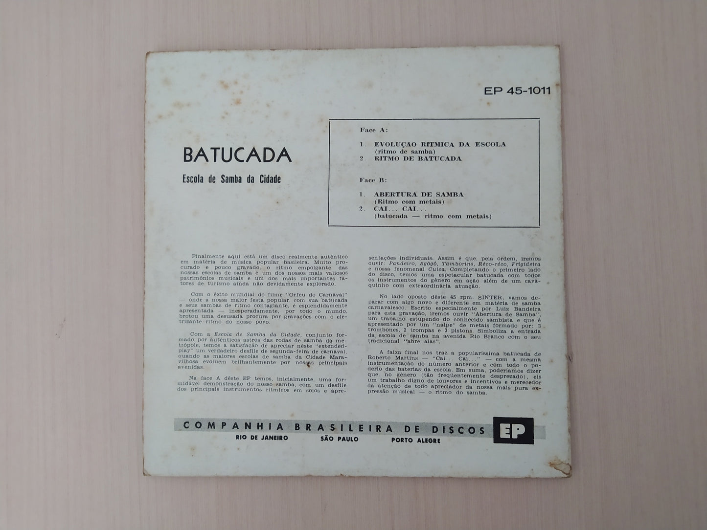 Lp Vinil Compacto Batucada Escola De Samba Da Cidade